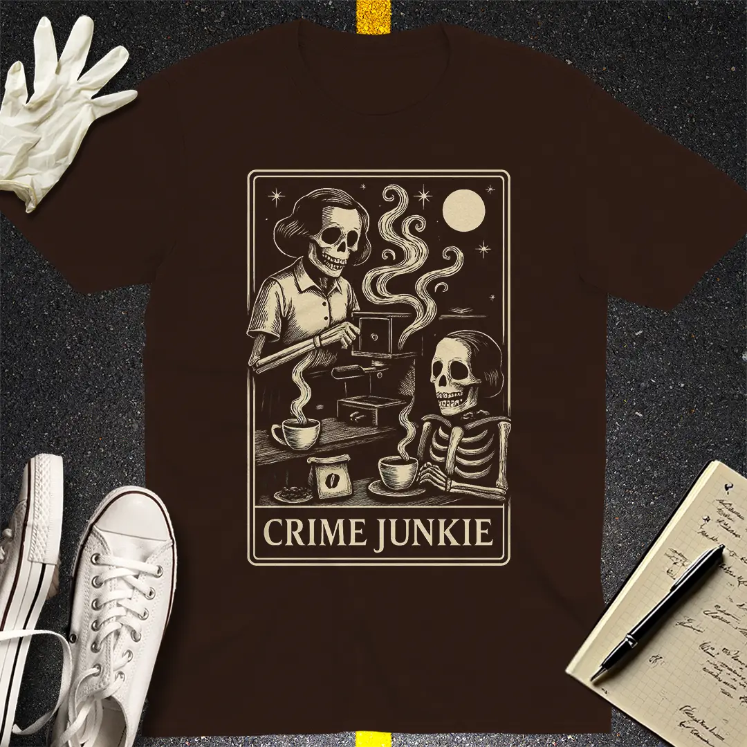 Crime Junkie Skeleton Café T-Shirt - Dark Chocolate