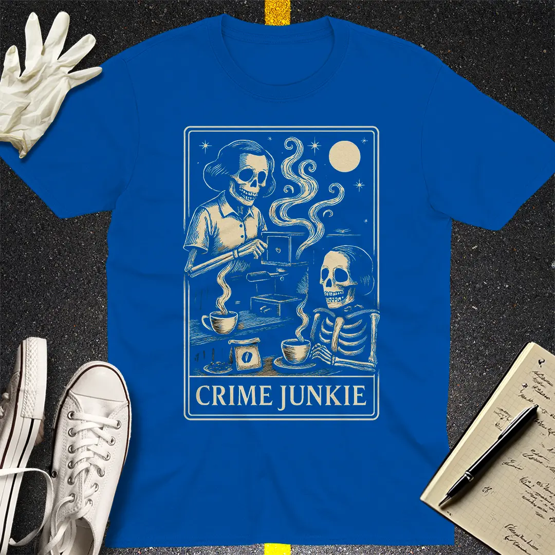 Crime Junkie Skeleton Café T-Shirt - Royal