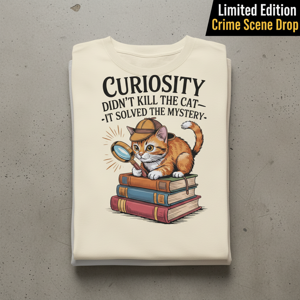 Curious Detective Cat T-Shirt_stacked_flatlay