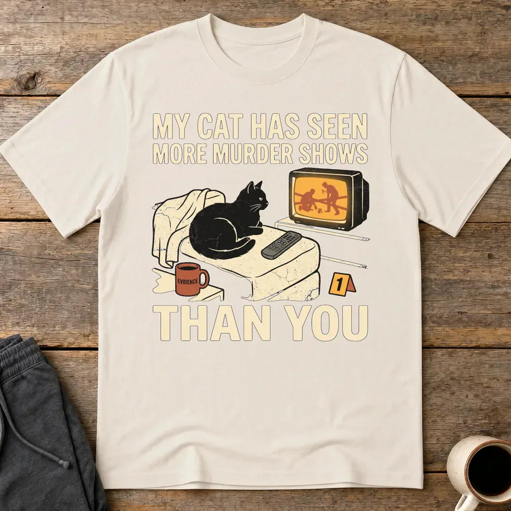 Murder-Show-Loving Cat T-Shirt - Ice Grey