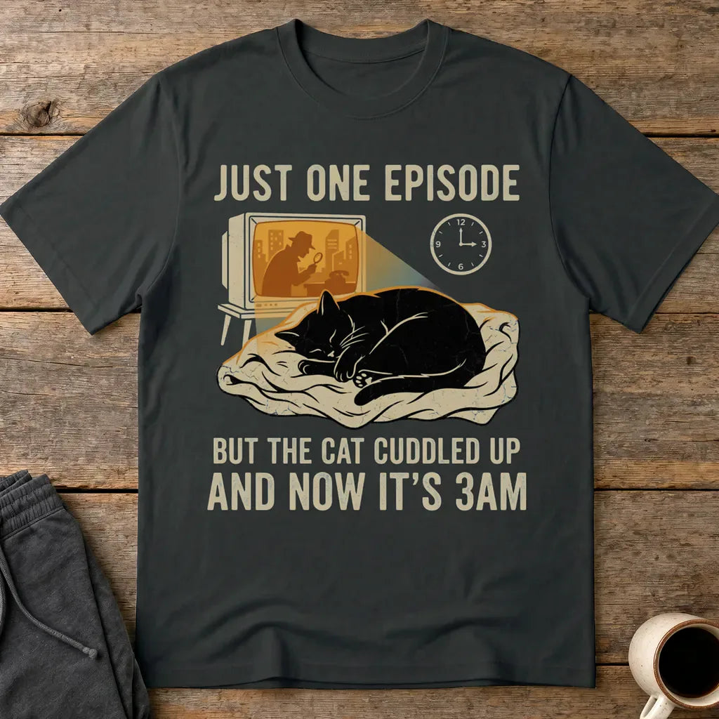 Late-Night Cat Cuddle Crime Binge T-Shirt - Black