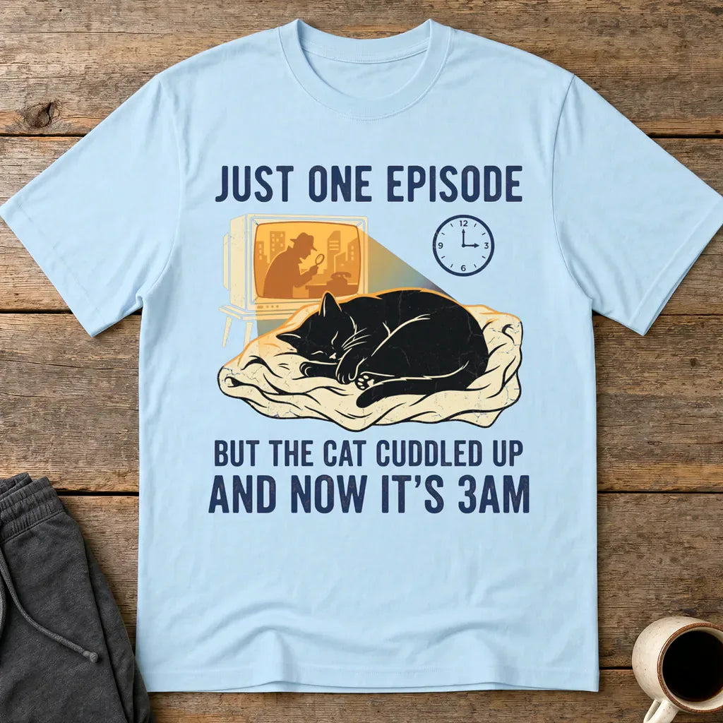Late-Night Cat Cuddle Crime Binge T-Shirt - Light Blue
