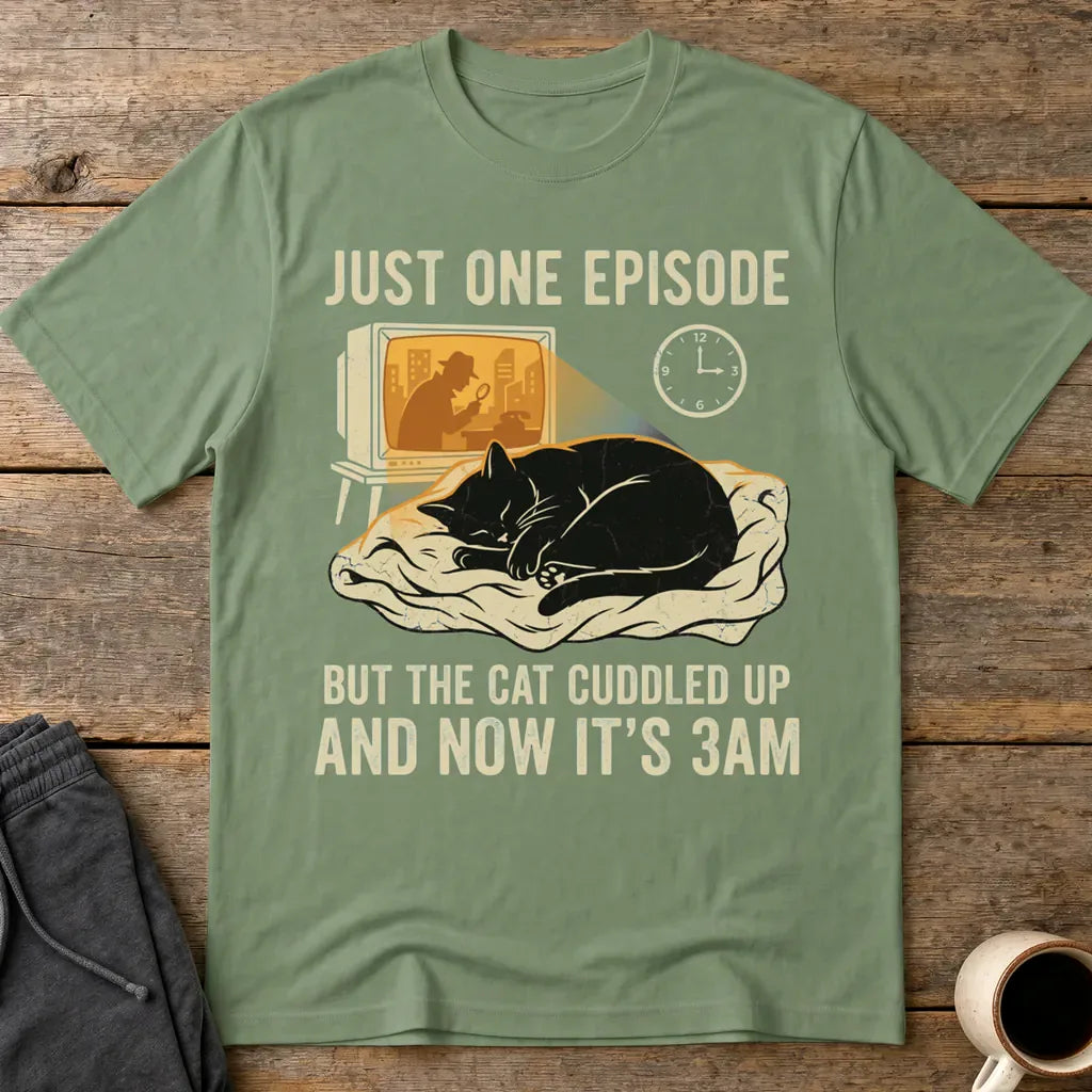 Late-Night Cat Cuddle Crime Binge T-Shirt - Military Green
