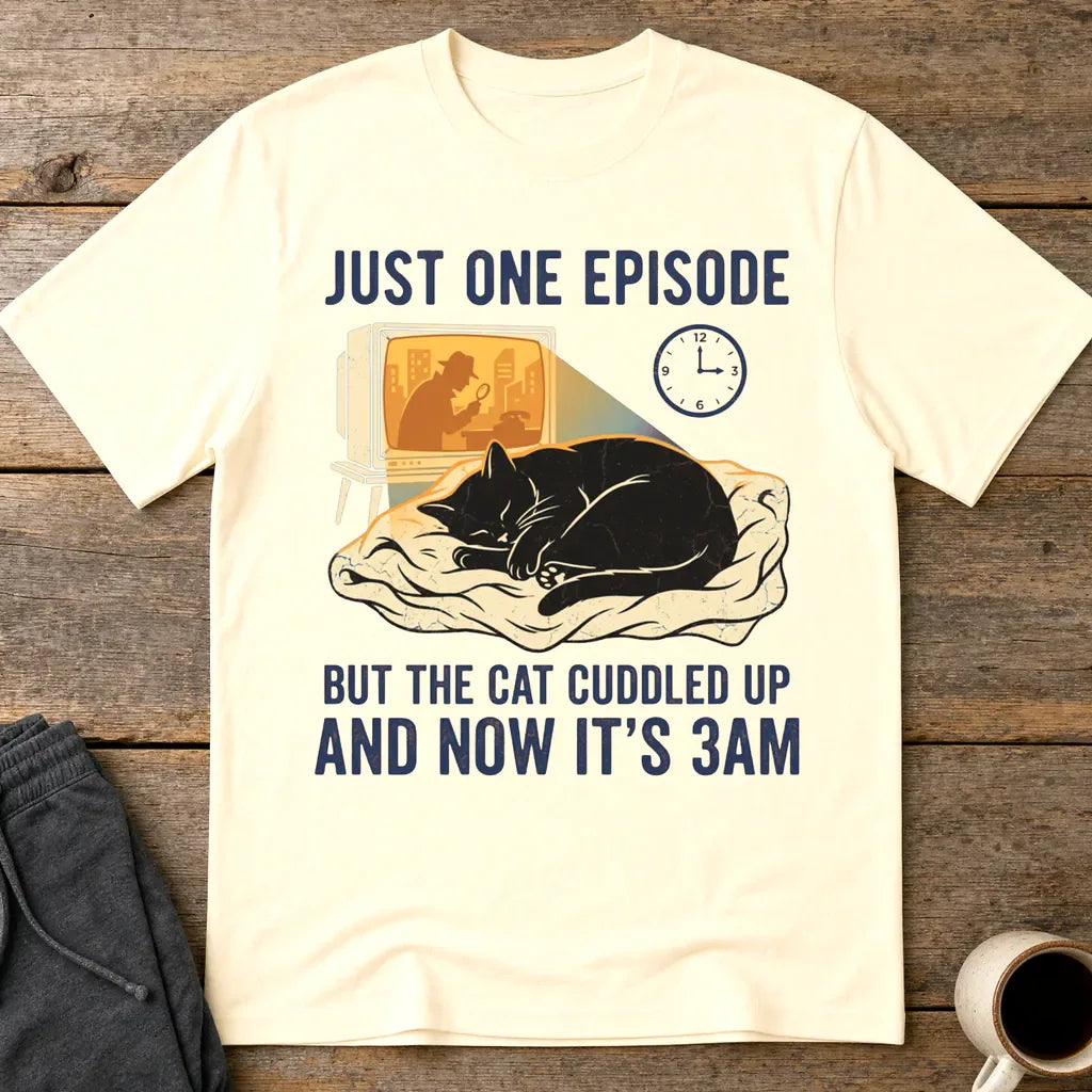 Late-Night Cat Cuddle Crime Binge T-Shirt - Natural