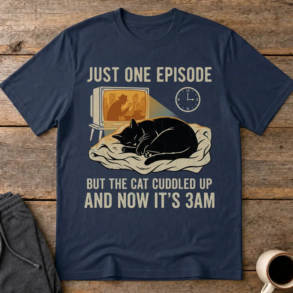 Late-Night Cat Cuddle Crime Binge T-Shirt - Navy