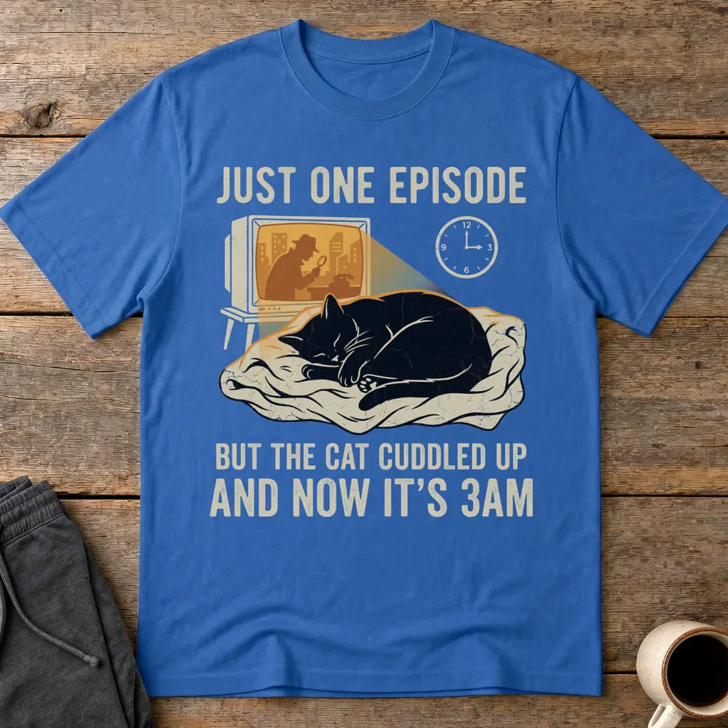 Late-Night Cat Cuddle Crime Binge T-Shirt - Royal