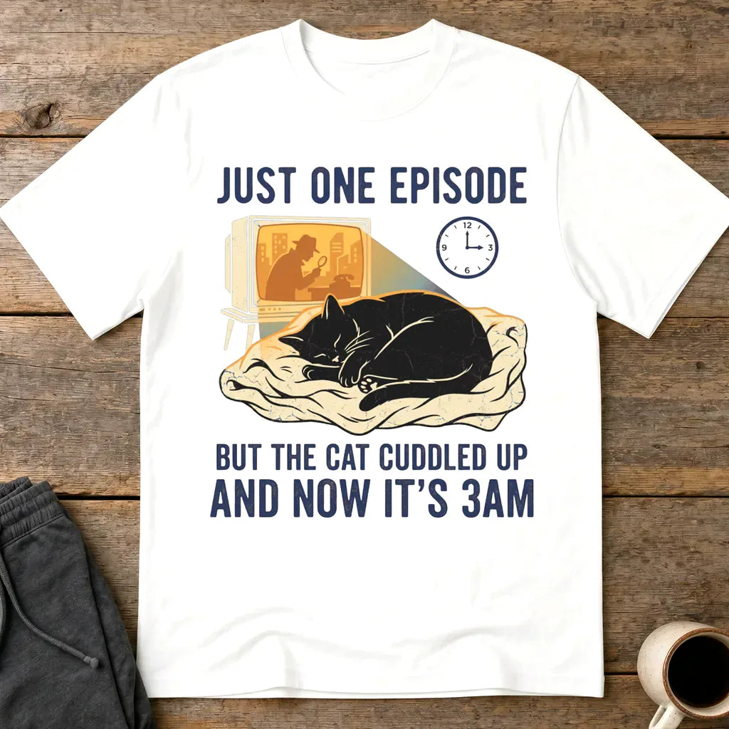 Late-Night Cat Cuddle Crime Binge T-Shirt - White