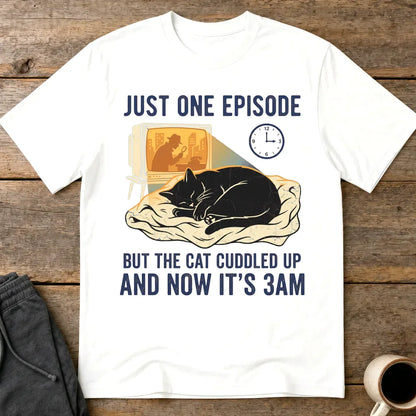 Late-Night Cat Cuddle Crime Binge T-Shirt - White