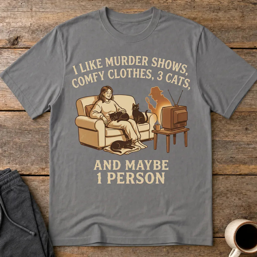 Murder Shows, Cats & Cozy Vibes T-Shirt - Charcoal