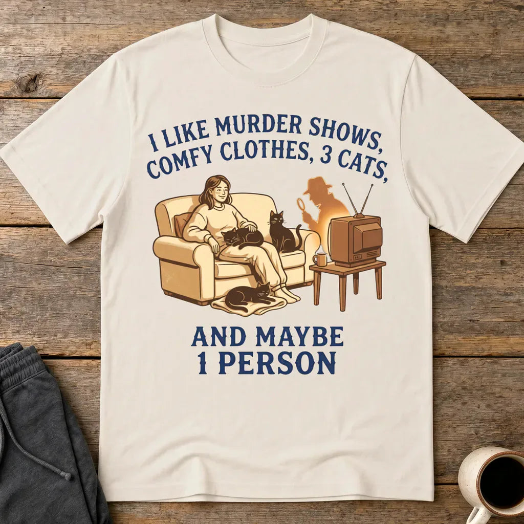 Murder Shows, Cats & Cozy Vibes T-Shirt - Ice Grey