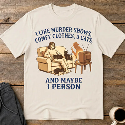 Murder Shows, Cats & Cozy Vibes T-Shirt - Ice Grey