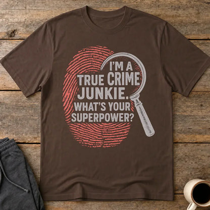 True Crime Junkie Superpower T-Shirt - Dark Chocolate