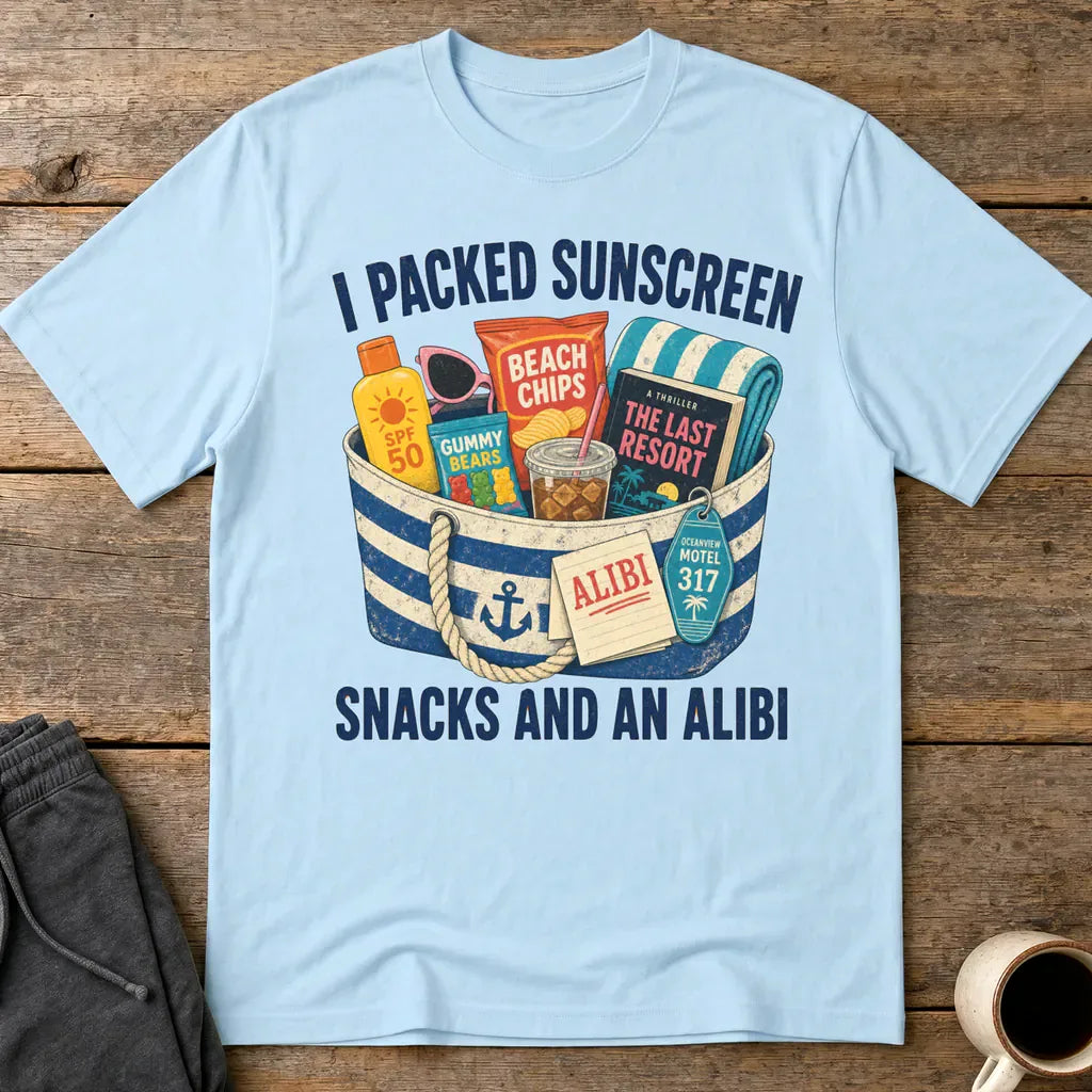Packed Sunscreen Snacks and an Alibi T-Shirt - Light Blue