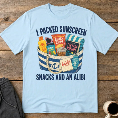 Packed Sunscreen Snacks and an Alibi T-Shirt - Light Blue