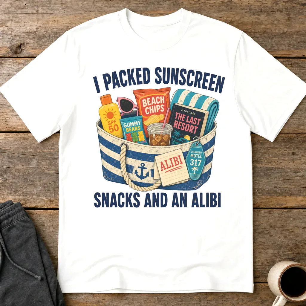 Packed Sunscreen Snacks and an Alibi T-Shirt - White