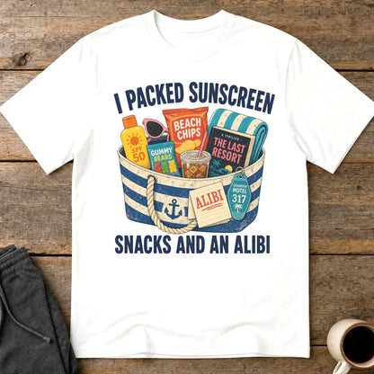 Packed Sunscreen Snacks and an Alibi T-Shirt - White