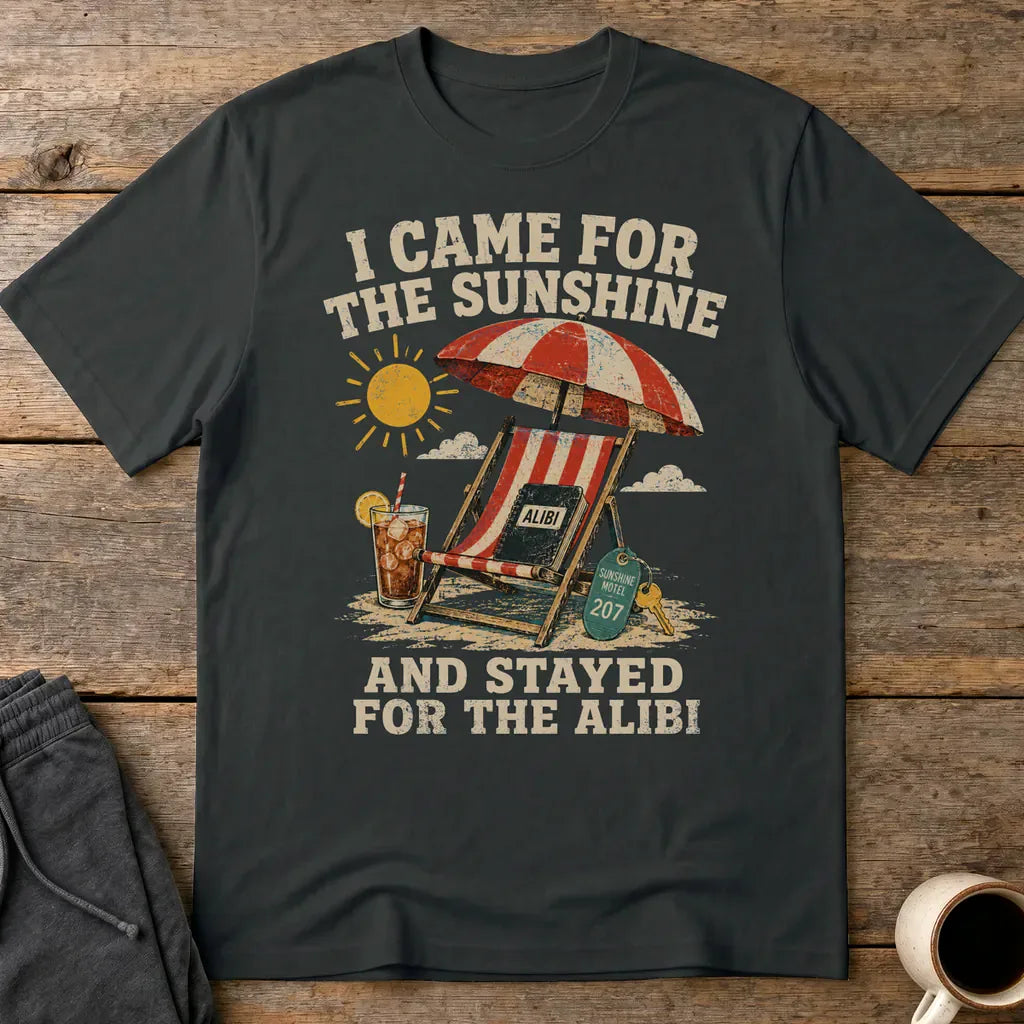 Sunshine and Alibi Beach Humor T-Shirt - Black