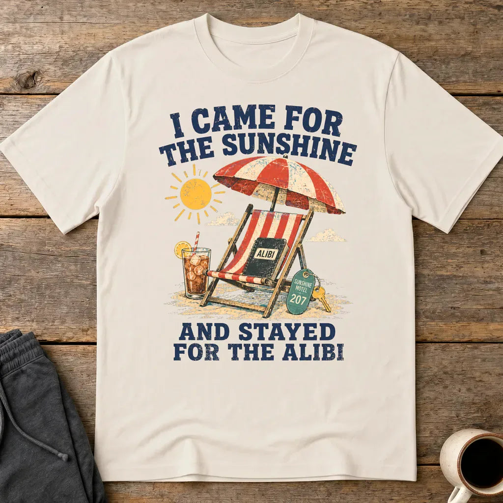 Sunshine and Alibi Beach Humor T-Shirt - Ice Grey