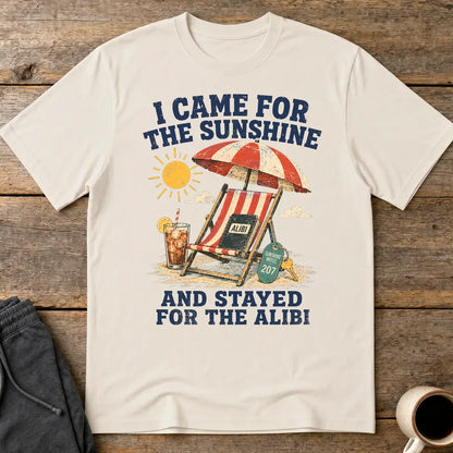 Sunshine and Alibi Beach Humor T-Shirt - Ice Grey