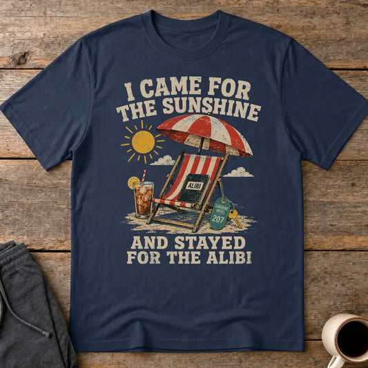 Sunshine and Alibi Beach Humor T-Shirt - Navy