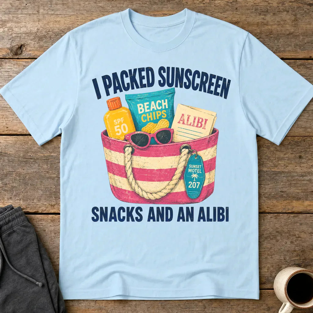 Sunscreen Snacks and an Alibi T-Shirt - Light Blue