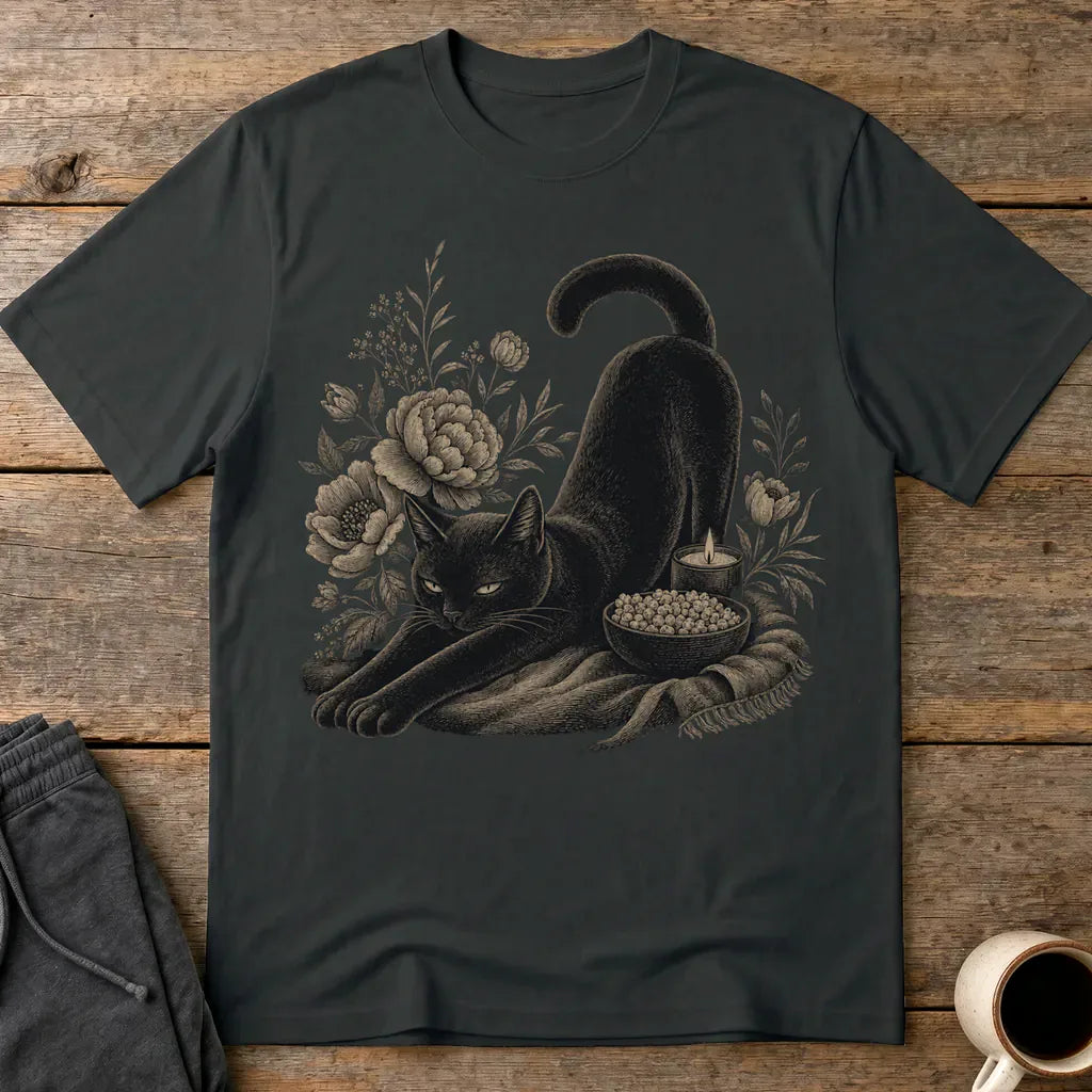 Mystic Black Cat Floral T-Shirt - Black
