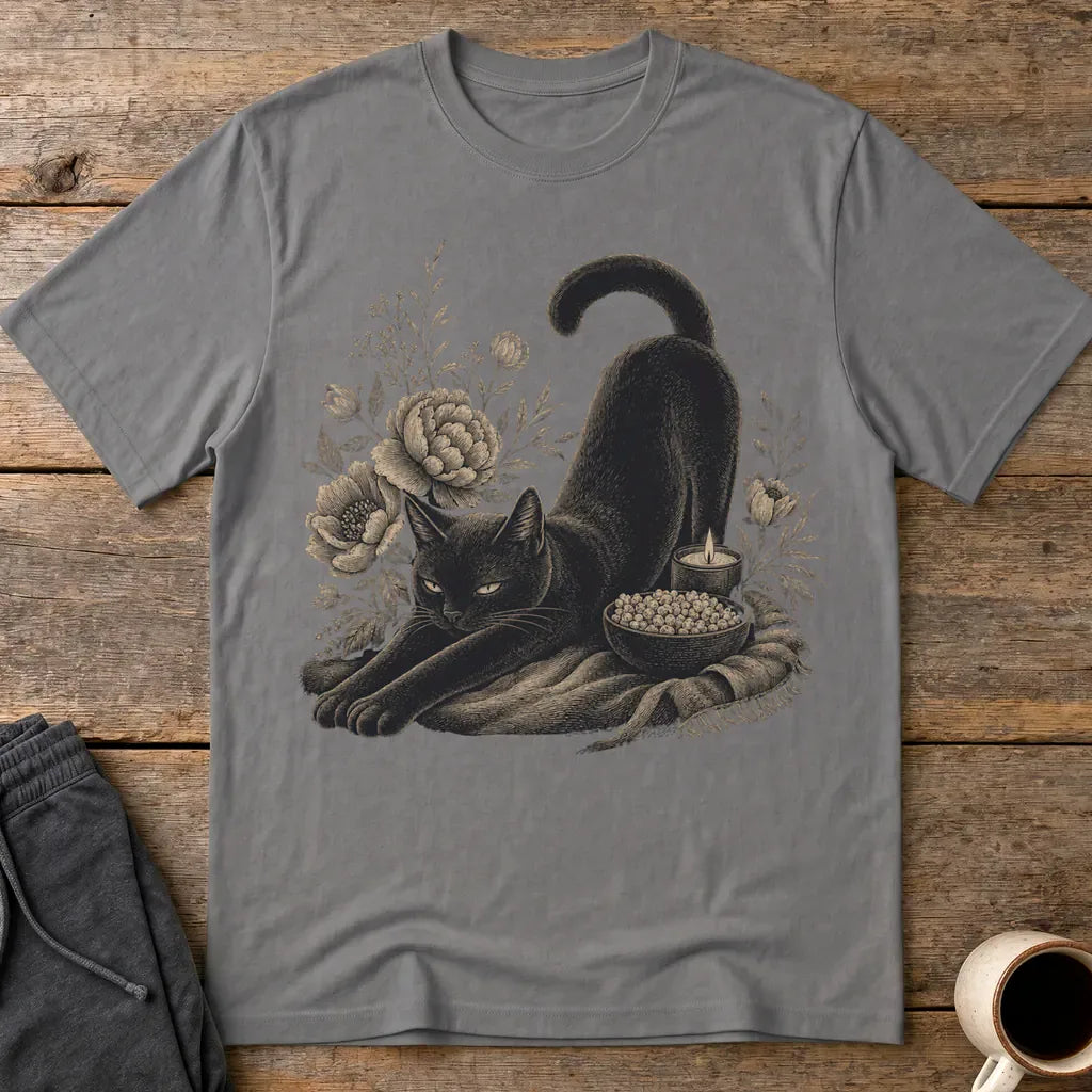 Mystic Black Cat Floral T-Shirt - Charcoal