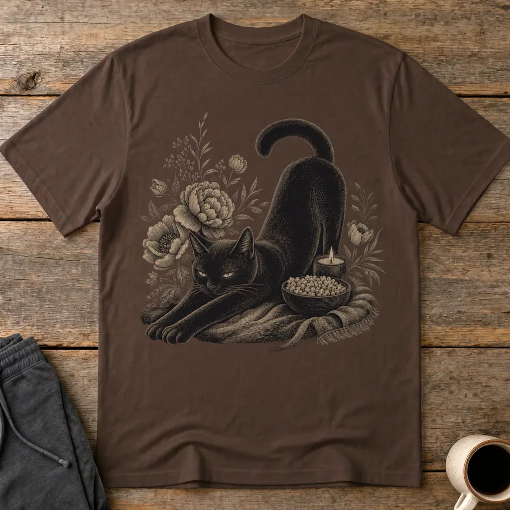 Mystic Black Cat Floral T-Shirt - Dark Chocolate