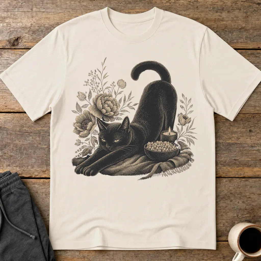 Mystic Black Cat Floral T-Shirt - Ice Grey
