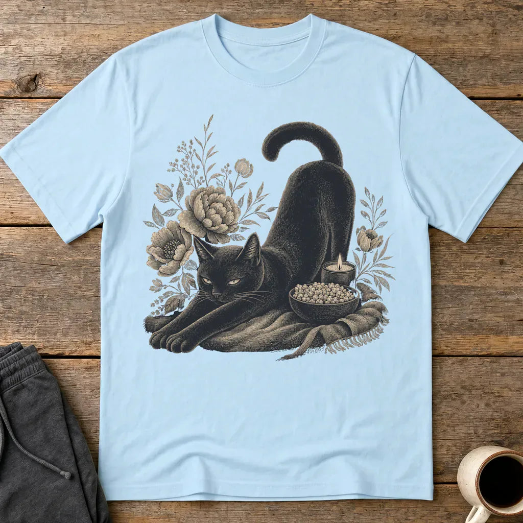 Mystic Black Cat Floral T-Shirt - Light Blue