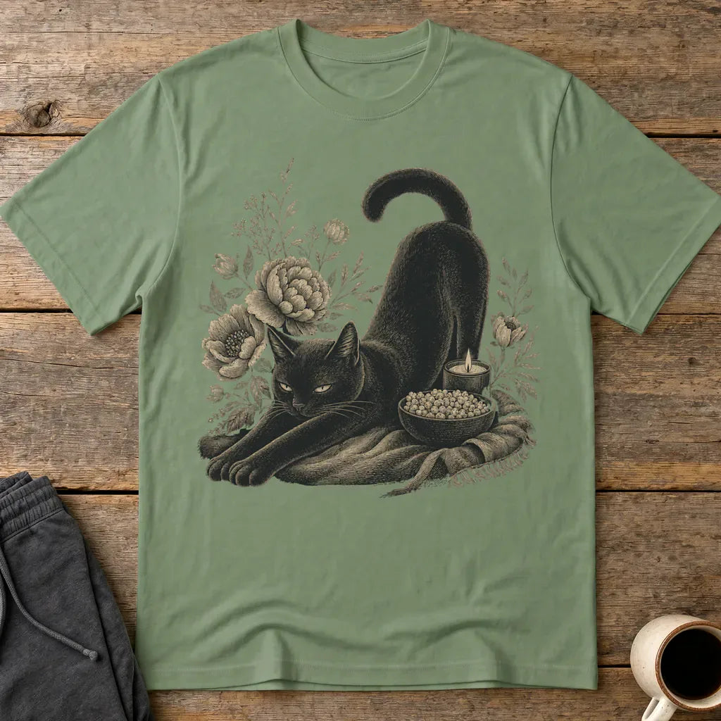 Mystic Black Cat Floral T-Shirt - Military Green