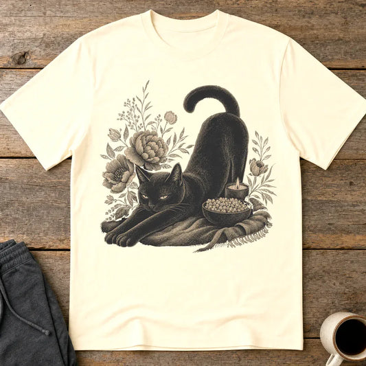 Mystic Black Cat Floral T-Shirt - Natural