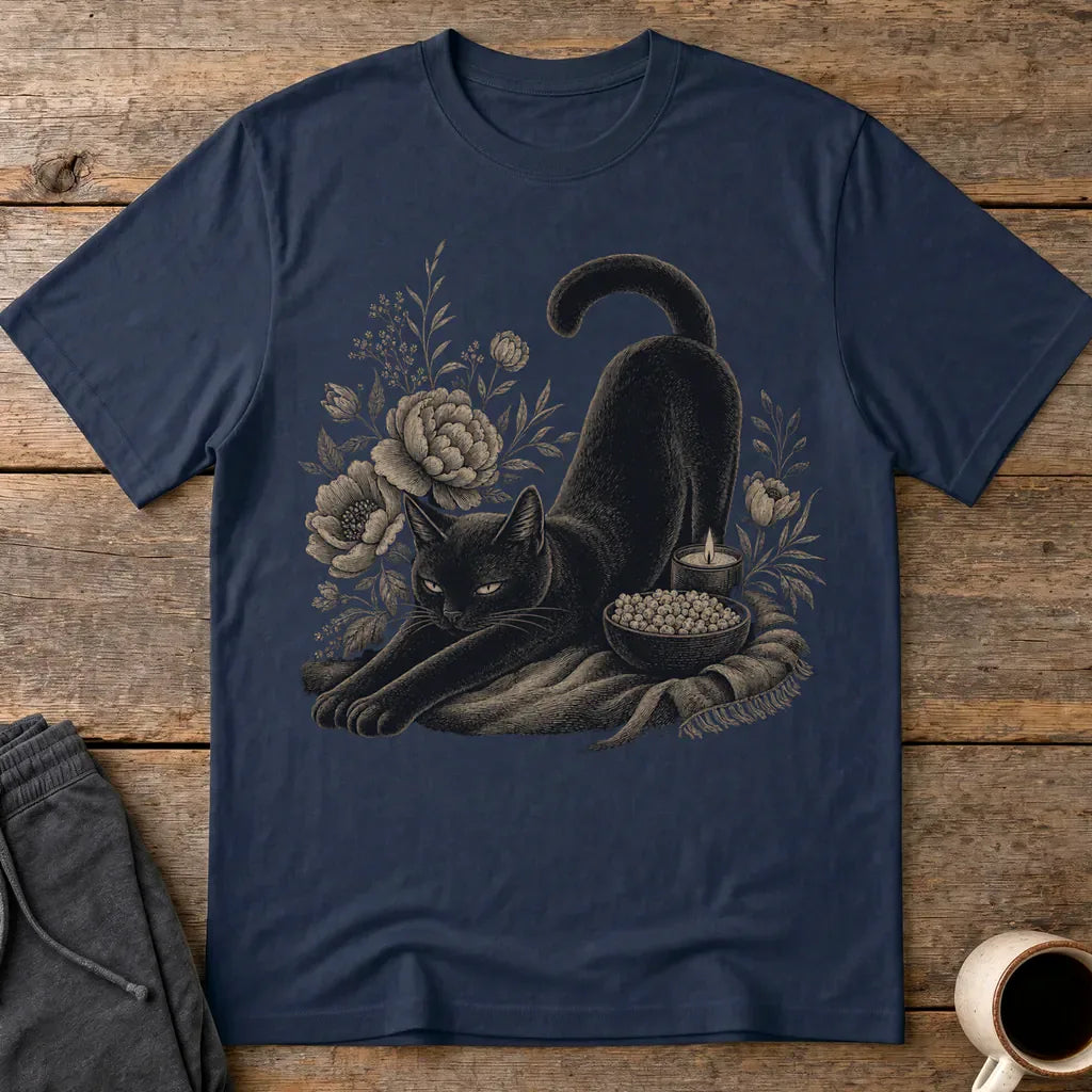 Mystic Black Cat Floral T-Shirt - Navy