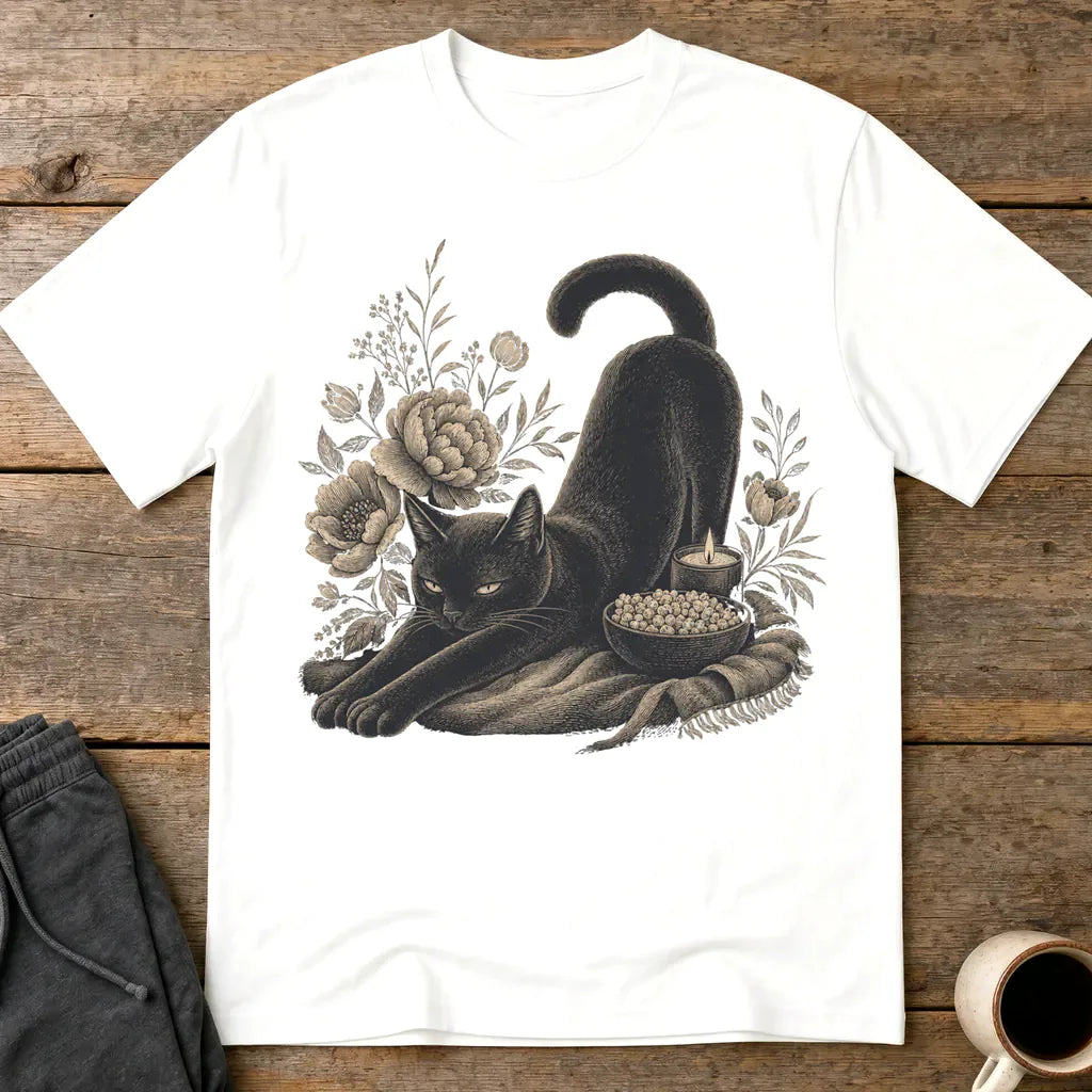 Mystic Black Cat Floral T-Shirt - White