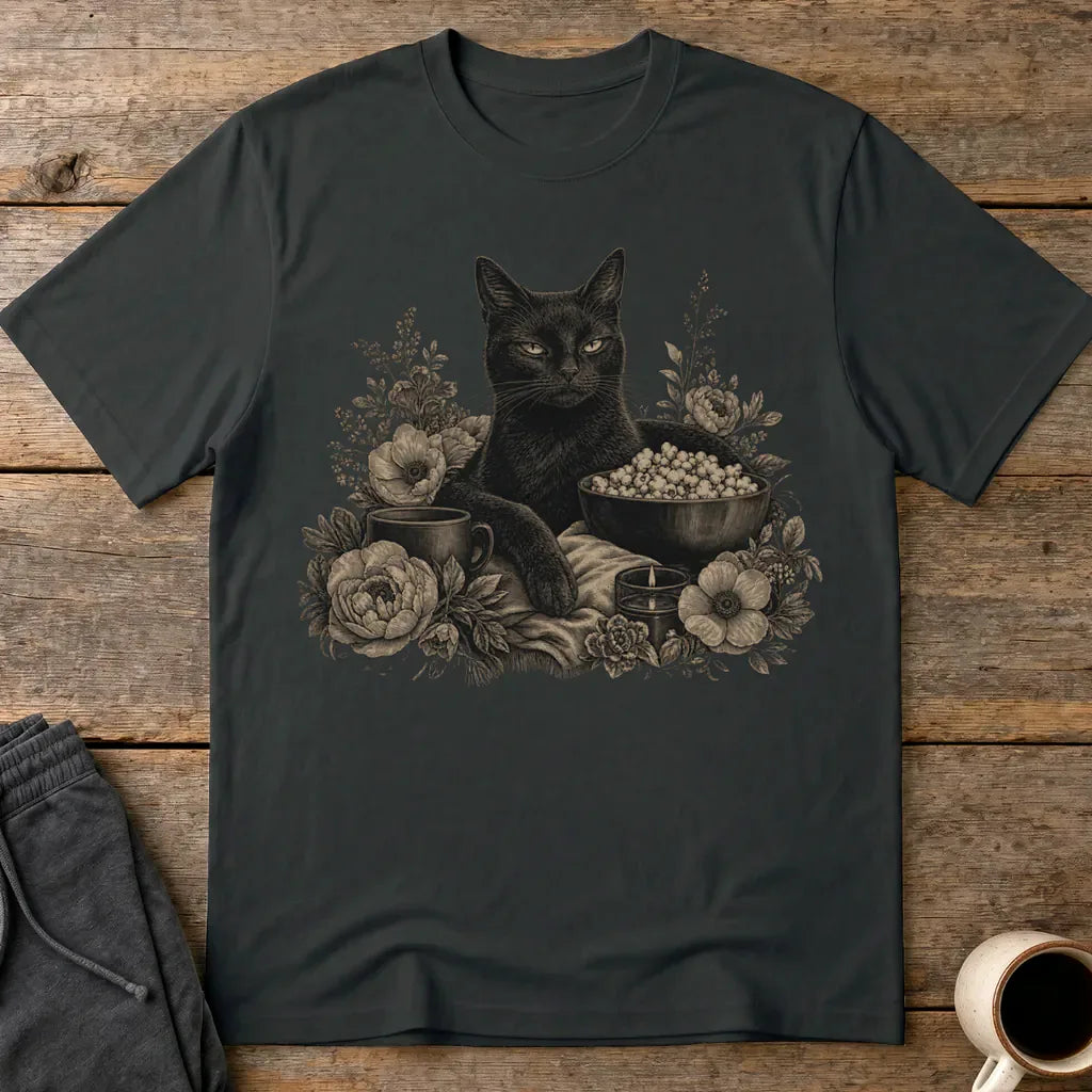 Binging Black Cat Floral Art T-Shirt - Black