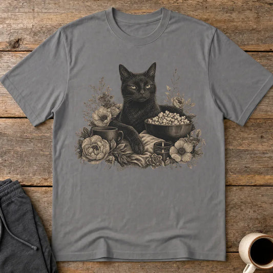 Binging Black Cat Floral Art T-Shirt - Charcoal