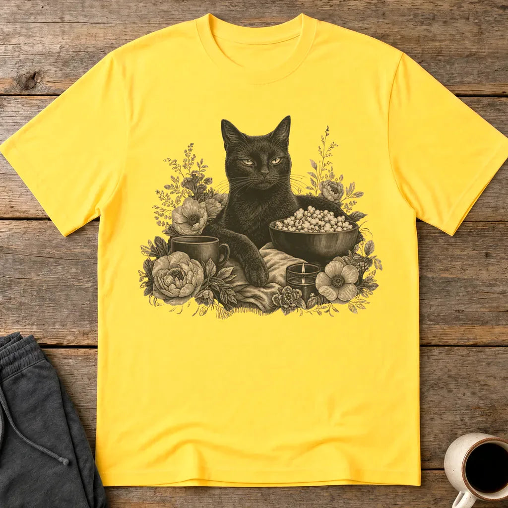 Binging Black Cat Floral Art T-Shirt - Daisy
