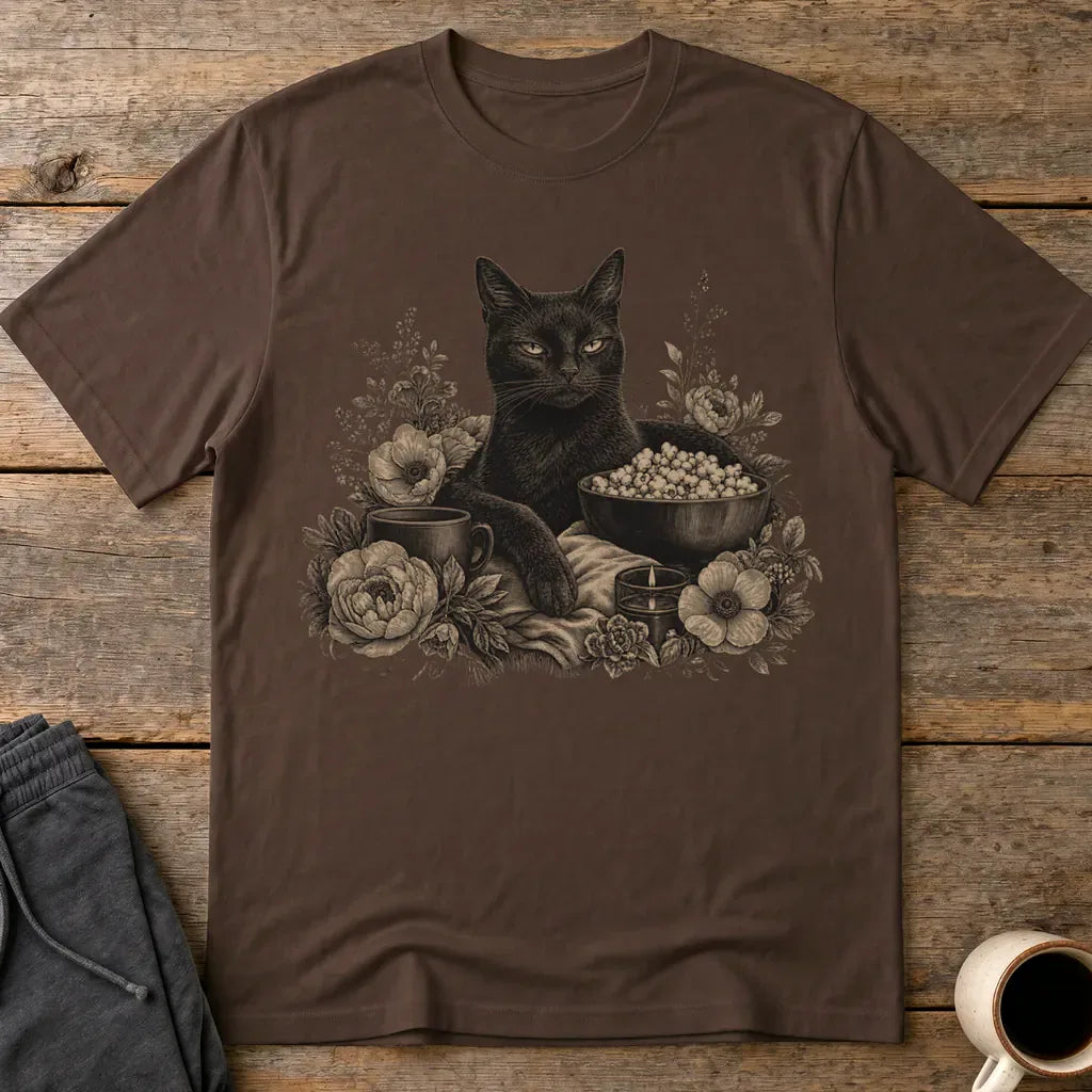 Binging Black Cat Floral Art T-Shirt - Dark Chocolate