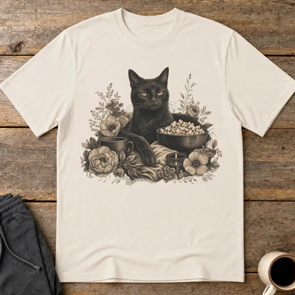 Binging Black Cat Floral Art T-Shirt - Ice Grey