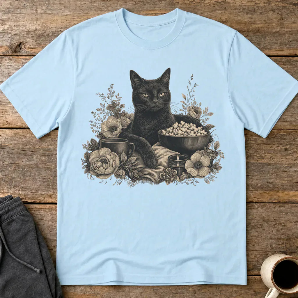 Binging Black Cat Floral Art T-Shirt - Light Blue
