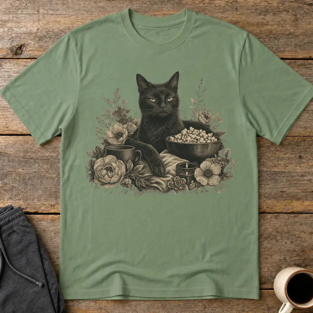 Binging Black Cat Floral Art T-Shirt - Military Green