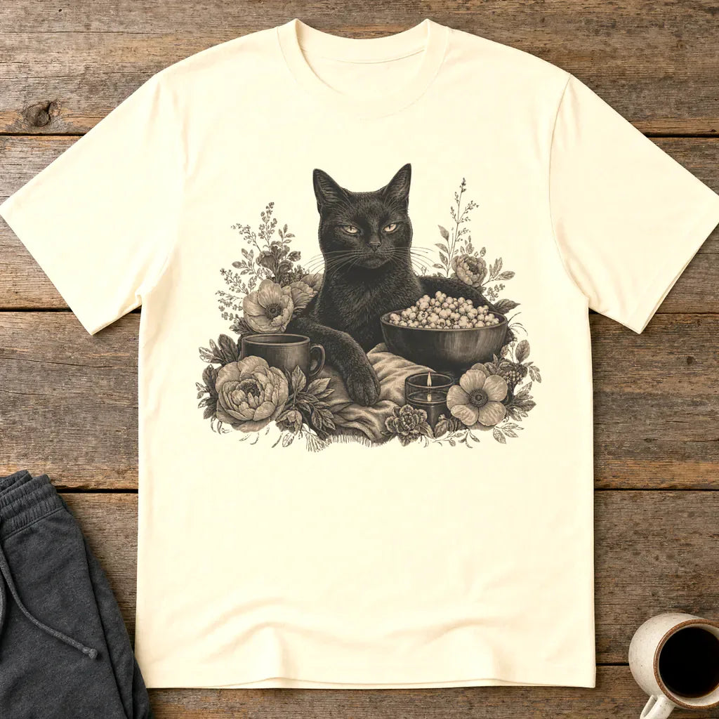 Binging Black Cat Floral Art T-Shirt - Natural