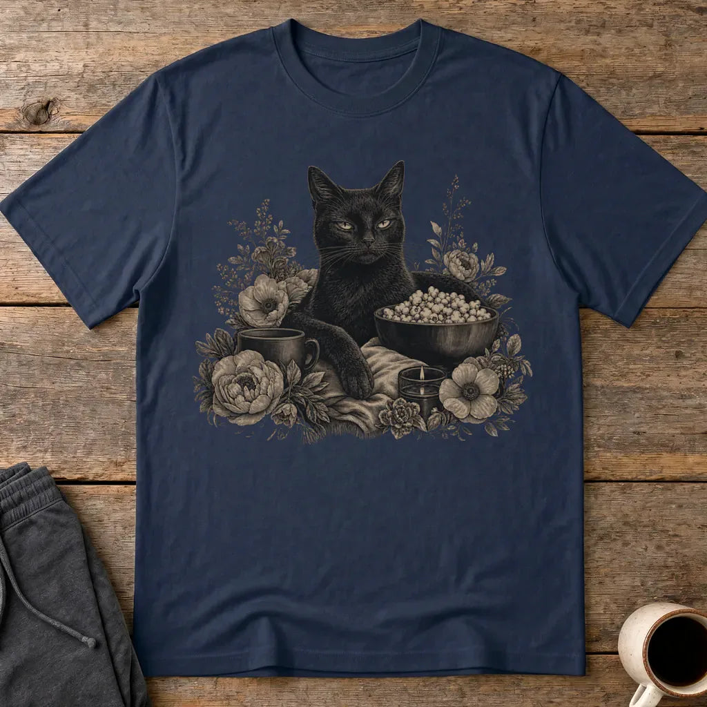 Binging Black Cat Floral Art T-Shirt - Navy