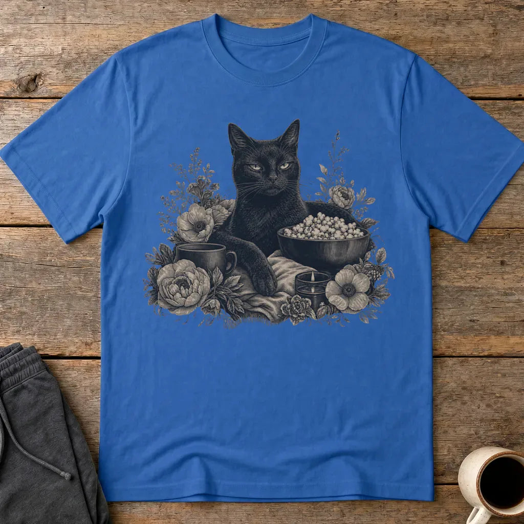 Binging Black Cat Floral Art T-Shirt - Royal