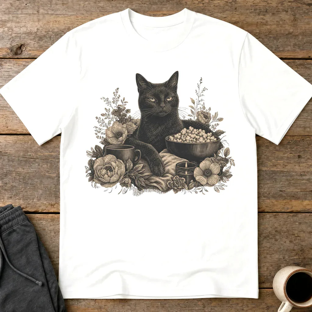 Binging Black Cat Floral Art T-Shirt - White