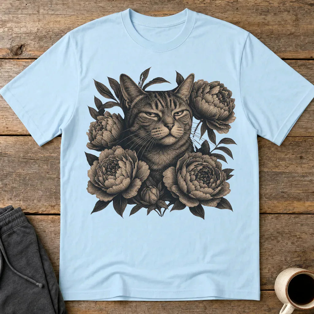 Judging Floral Cat T-Shirt - Light Blue