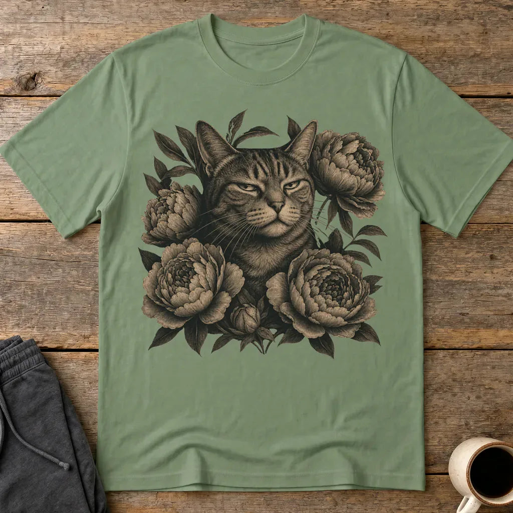 Judging Floral Cat T-Shirt - Military Green