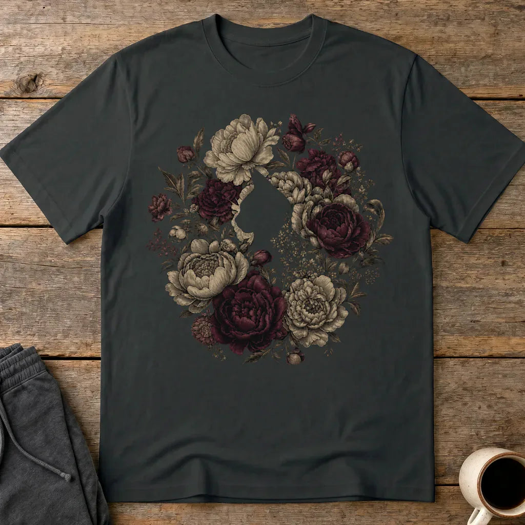 Feline Floral Wreath T-Shirt - Black