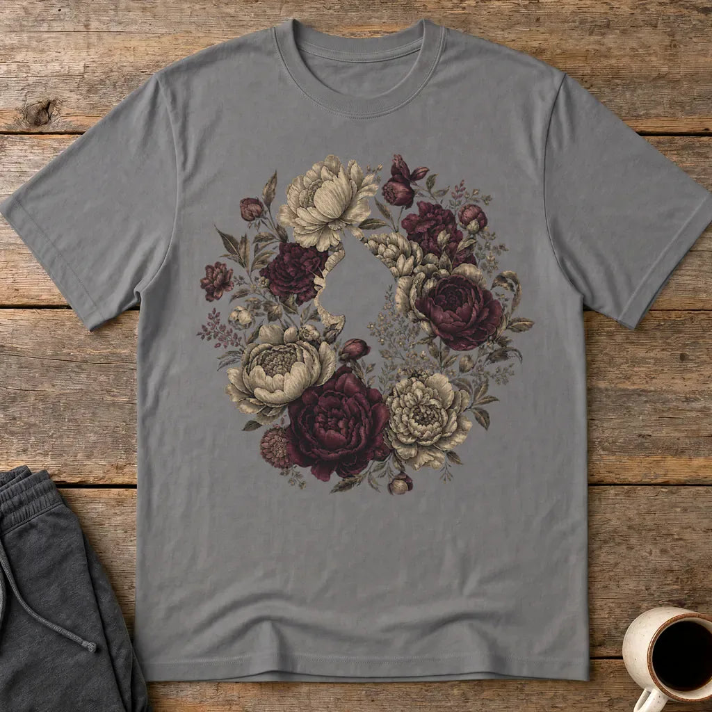 Feline Floral Wreath T-Shirt - Charcoal
