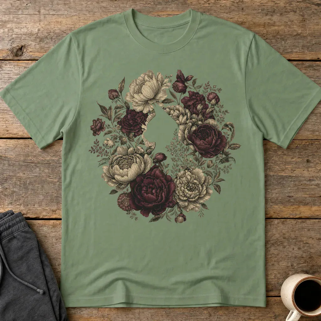 Feline Floral Wreath T-Shirt - Military Green